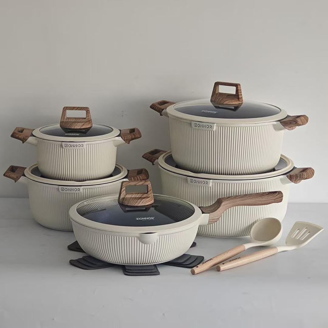 RONNOR Premium Cream Ribbed Non-Stick Cookware Set with Utensils