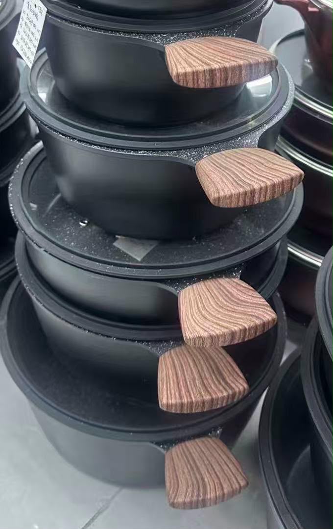 Premium Black Matte Non-Stick Cookware Set with Wood-Effect Handles