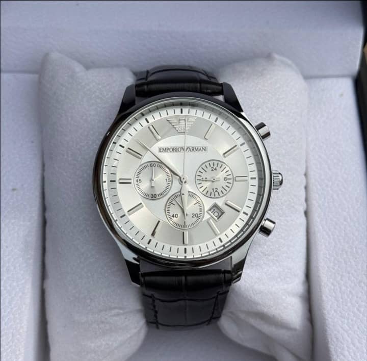 Emporio Armani Chronograph Silver White Dial Leather Watch