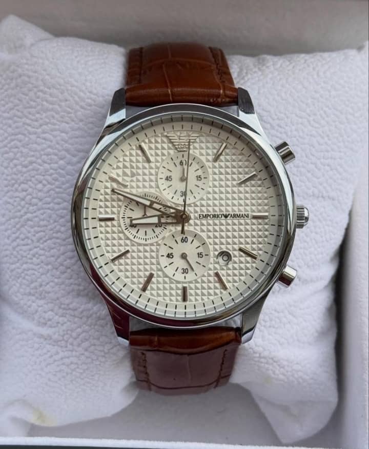 Emporio Armani Chronograph Cream Dial Brown Leather Watch