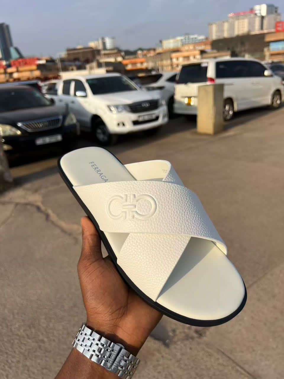 Ferragamo White Cross-Strap Slide Sandal