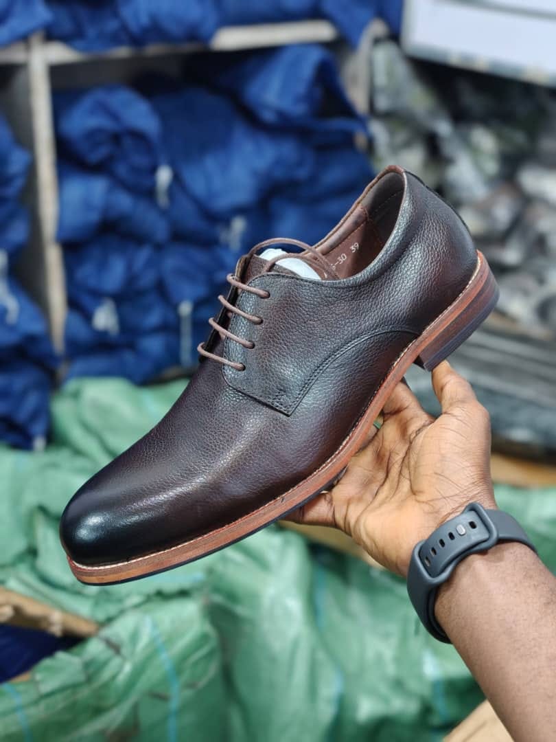 Dark Brown Pebbled Leather Plain Toe Derby