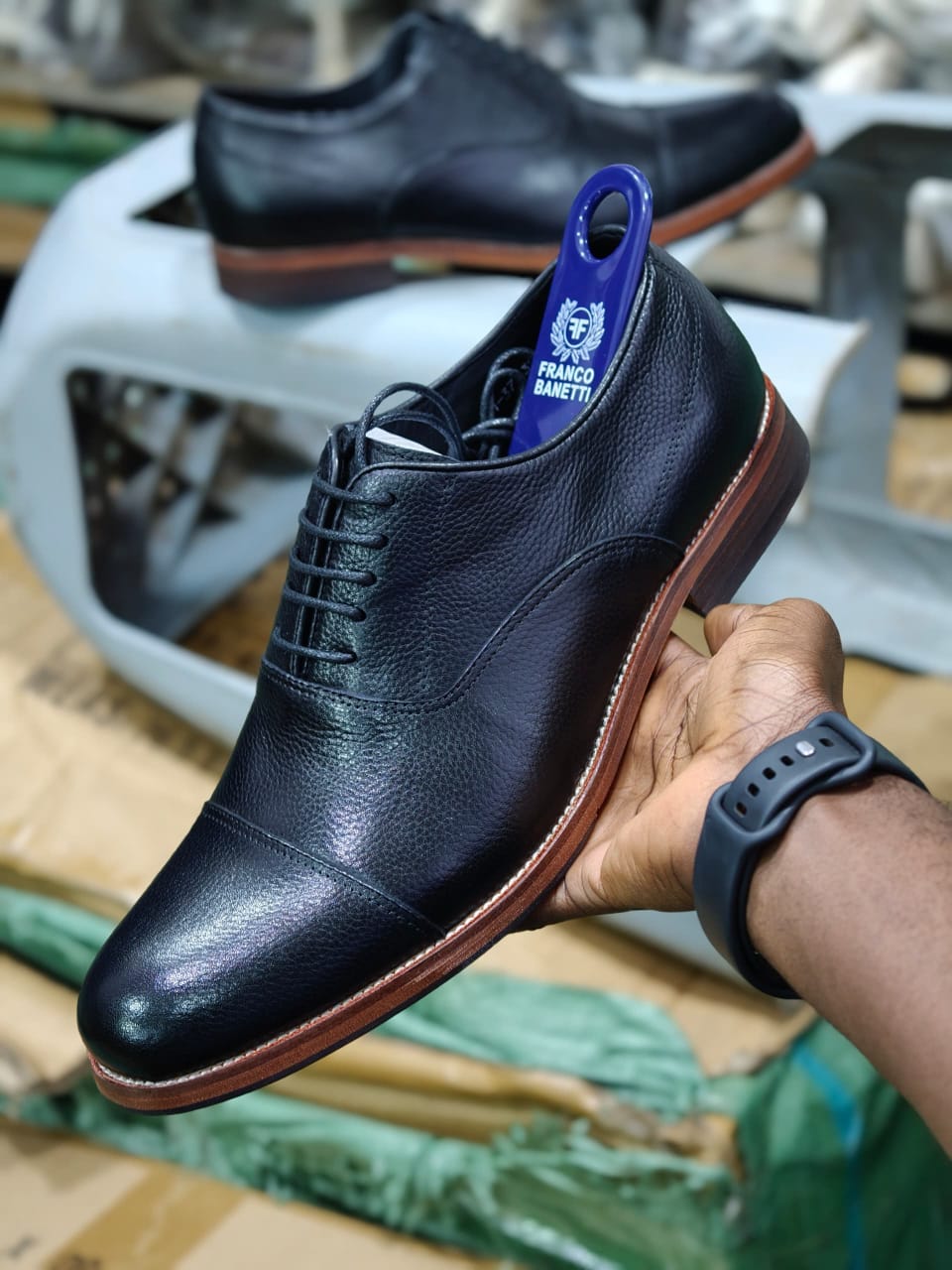 Franco Banetti Black Pebbled Leather Cap-Toe Oxford