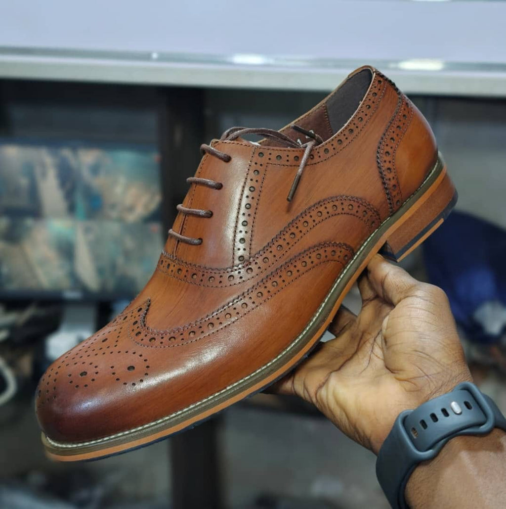 Tan Cognac Full Brogue Wingtip Oxford Dress Shoe
