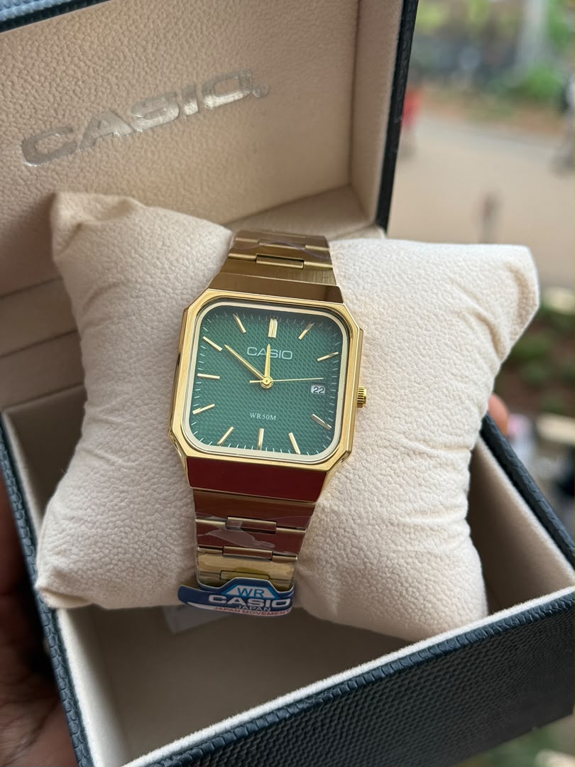 Casio Square Gold Green Dial Watch