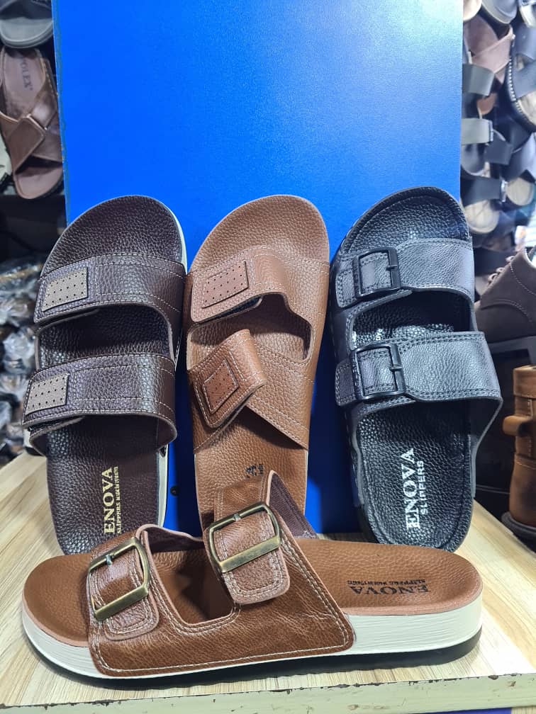 Enova Men's Double Strap Leather Slide Sandals
