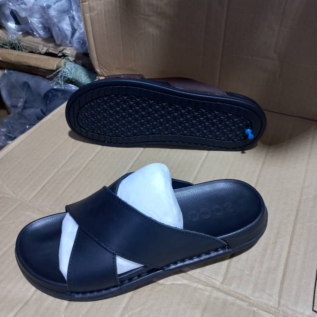 Ecco Men's Cross-Strap Leather Slide Sandals