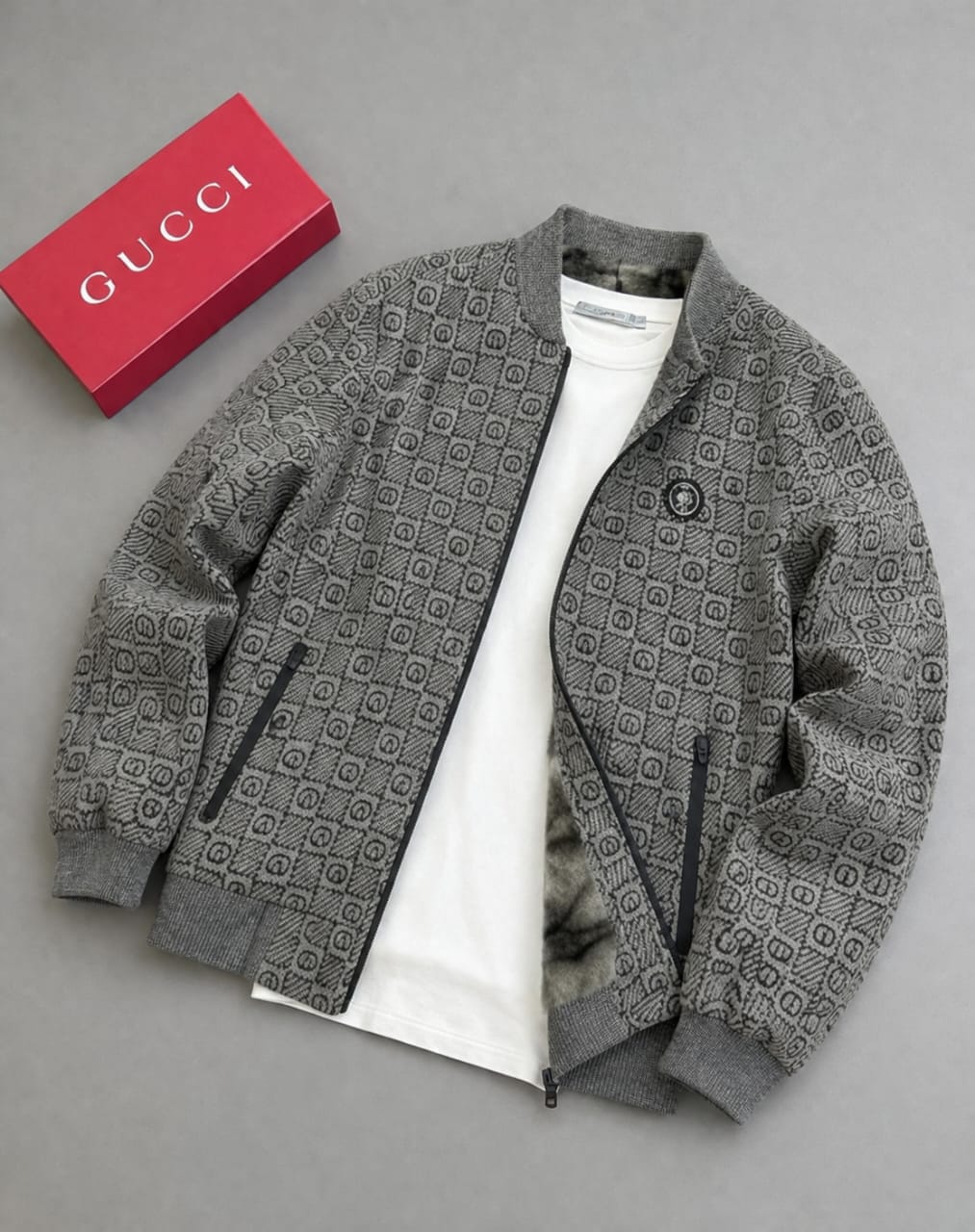 Men's Grey Monogram Jacquard Bomber Jacket