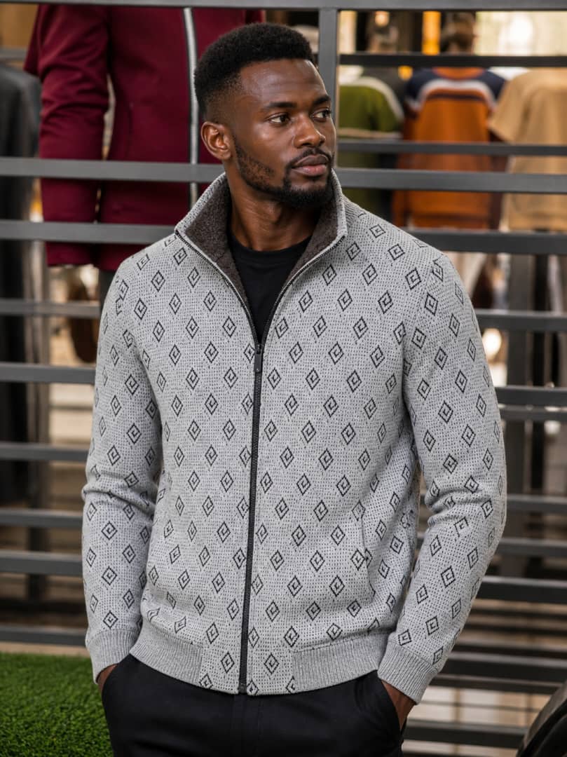 Men's Diamond Print Knit Zip-Up Jacket