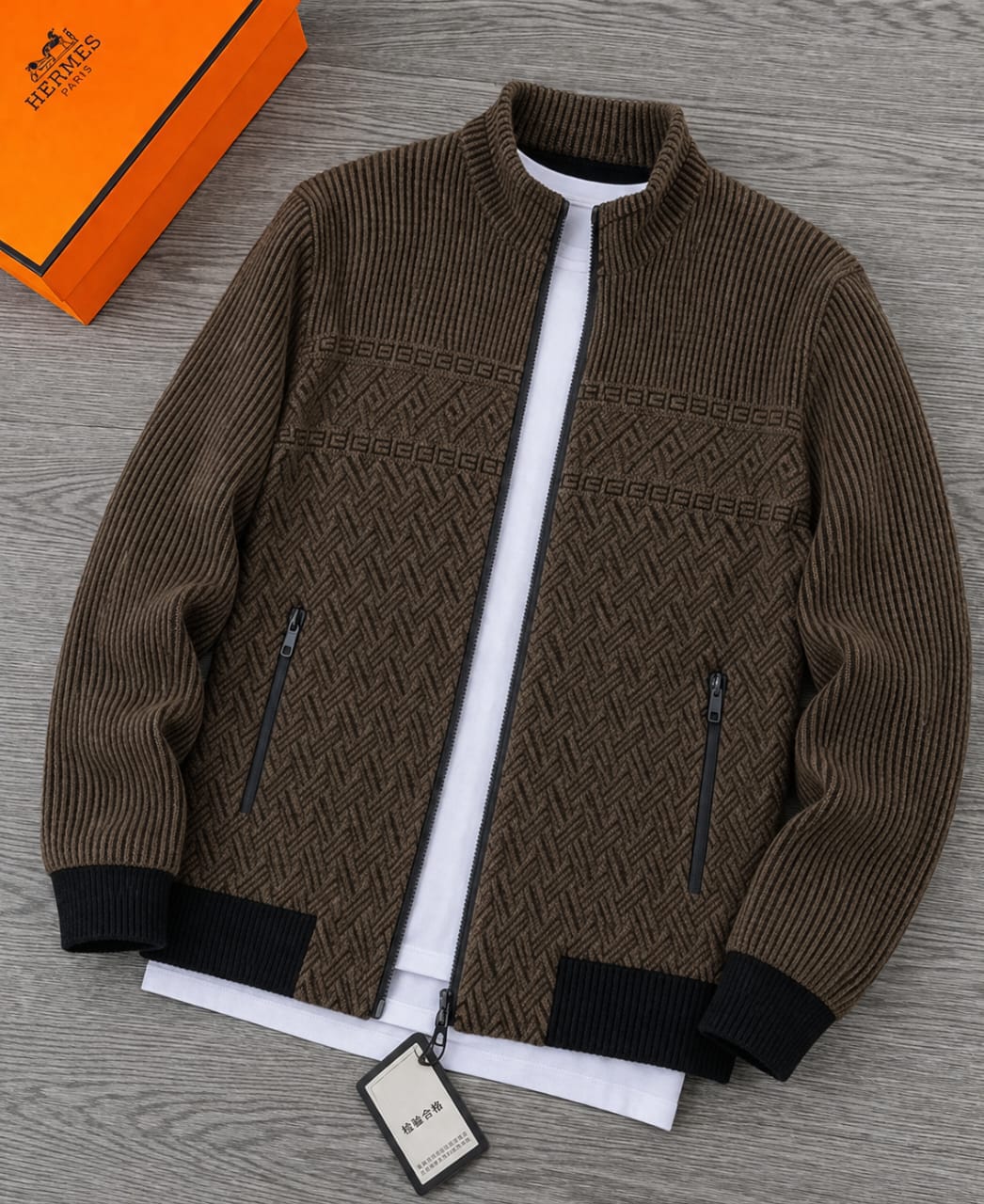 Men's Brown Ribbed Knit Zip-Up Bomber Jacket