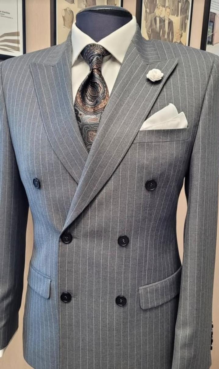 Men's Grey Pinstripe Double-Breasted Suit
