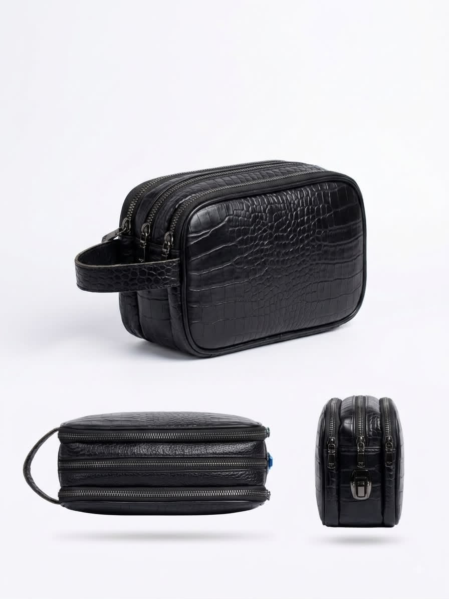 Croc-Embossed Leather Double-Zip Clutch Pouch
