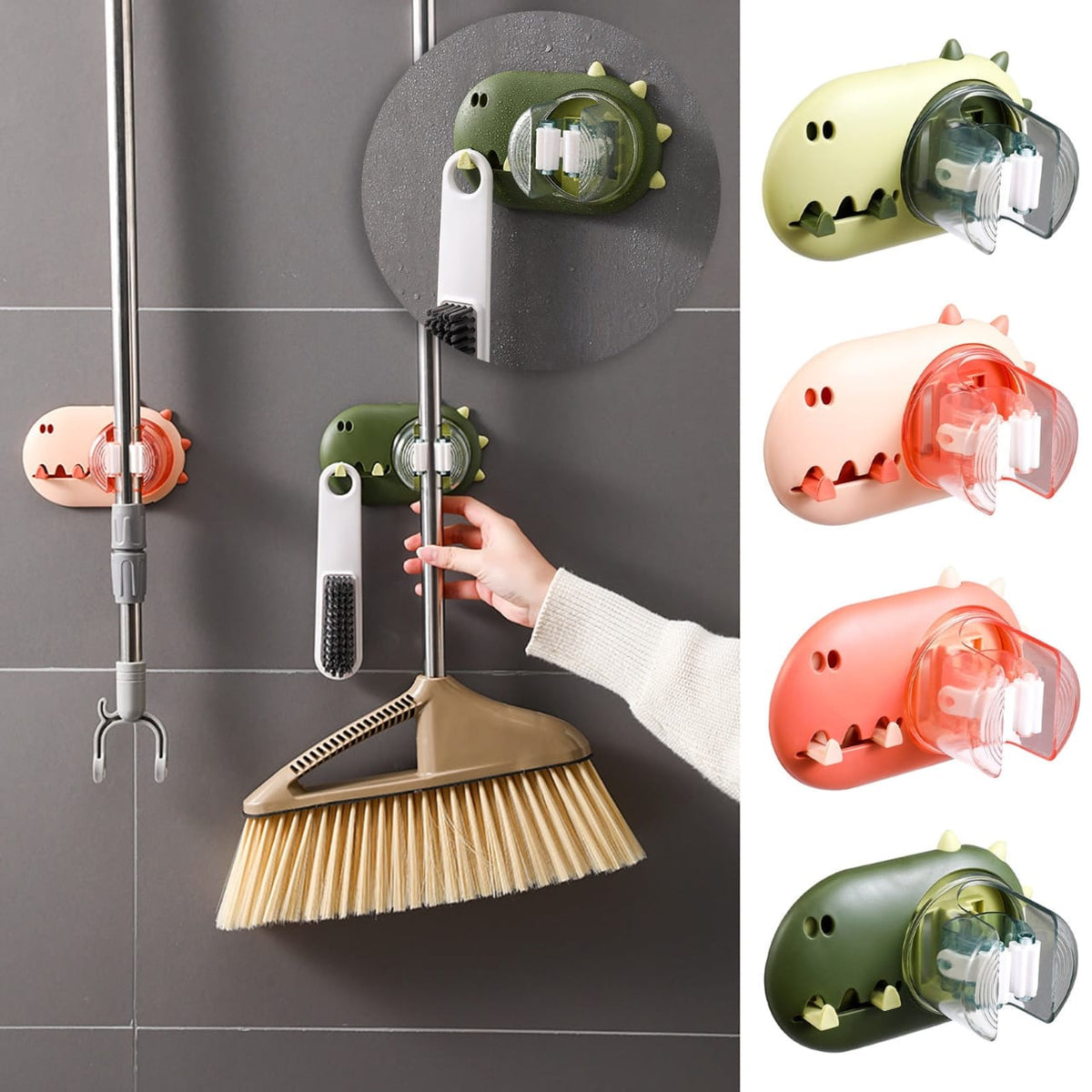 Dinosaur Mop & Broom Wall Holder | Cute Self-Adhesive No-Drill Cleaning Tool Organizer