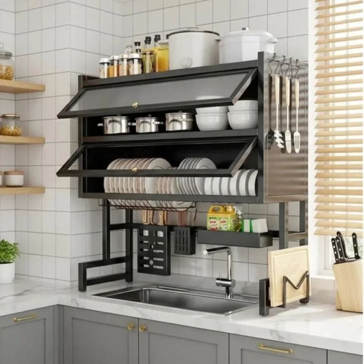 Wall-Mounted Kitchen Storage Rack with Flip Cabinet & Dish Drainer | Over-Sink Organizer with Hooks