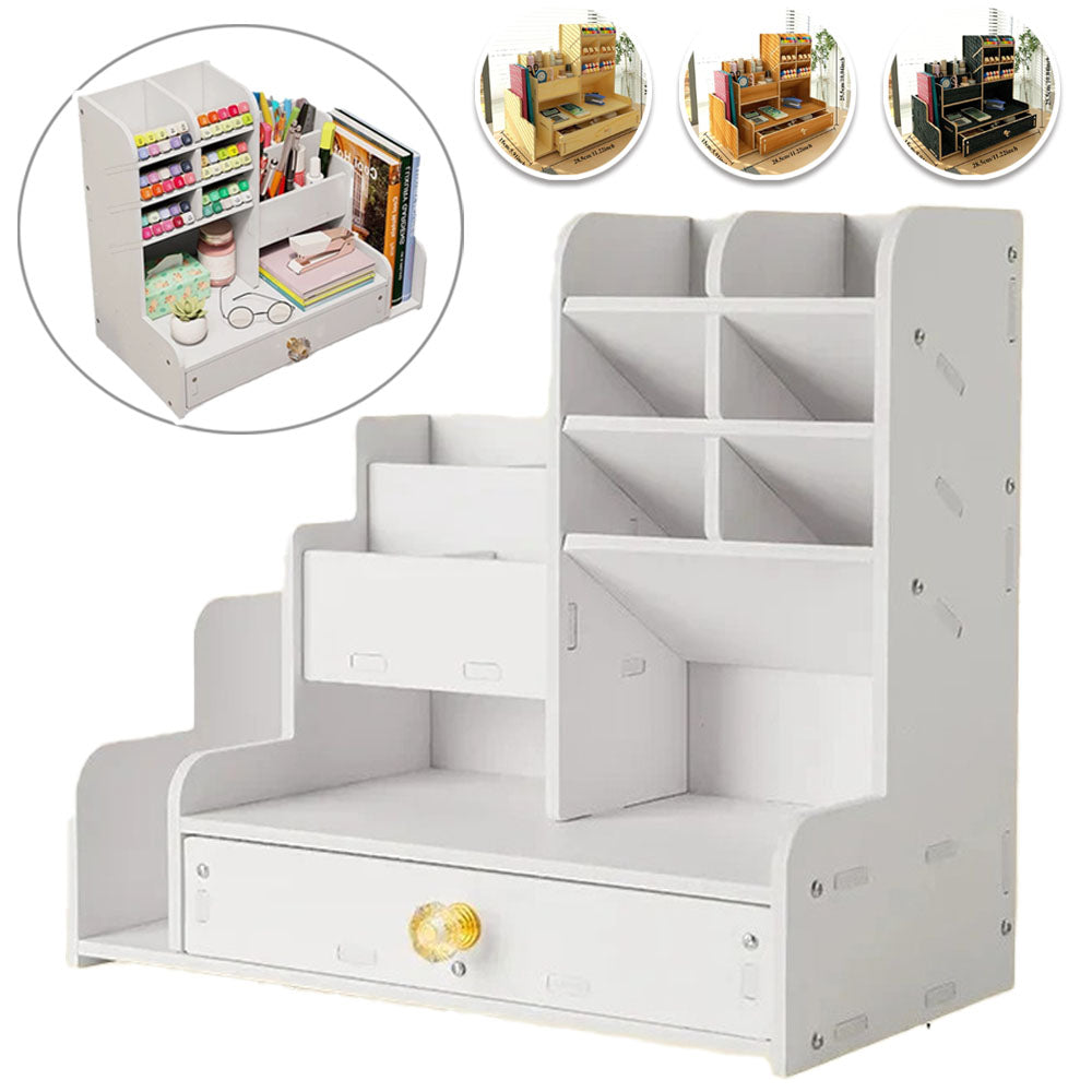 Large Capacity Wooden Desk Organizer with Drawer | Multi-Compartment Stationery & Art Supply Storage