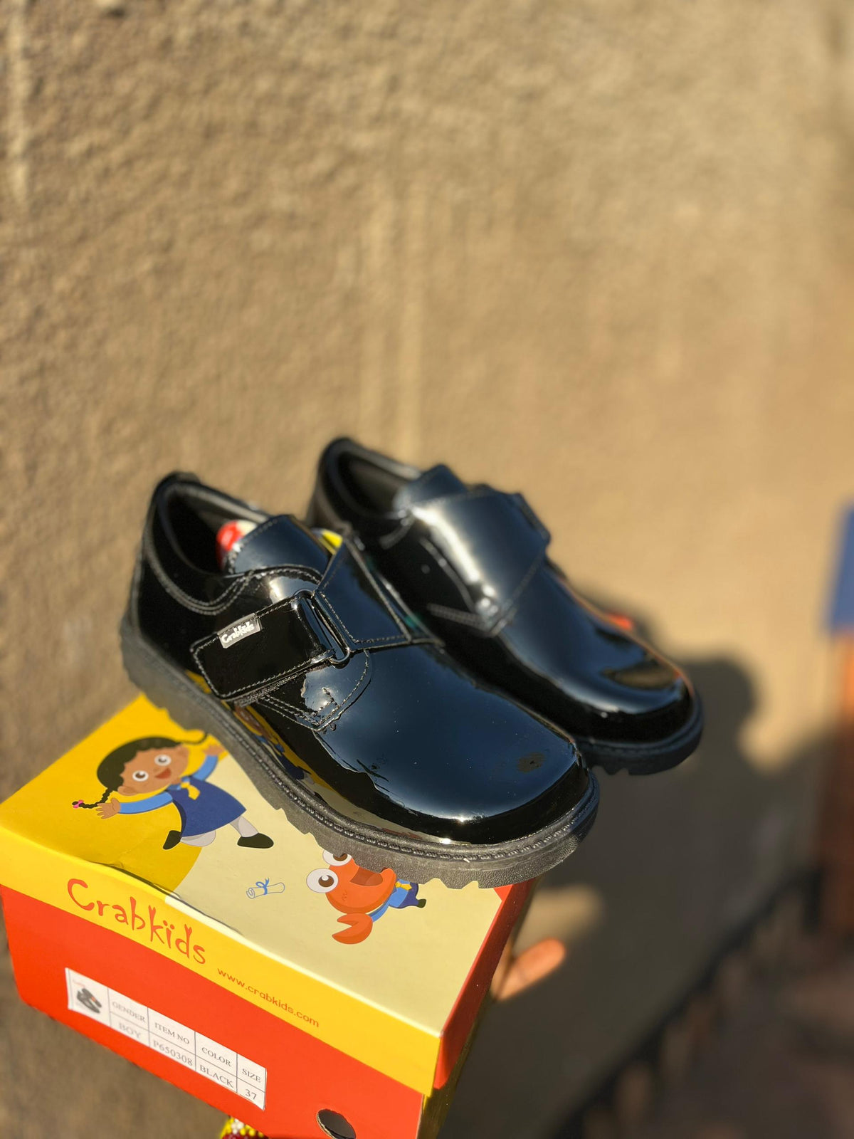 Crabkids Boys Black Patent Single Velcro School Shoes