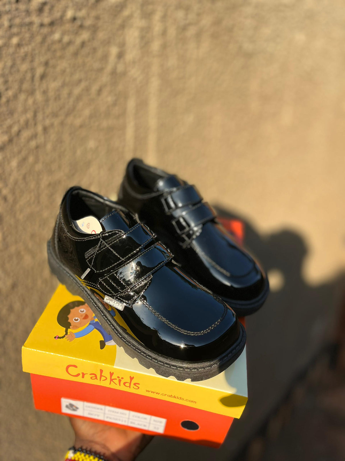 Crabkids Boys Black Patent Double Velcro School Shoes