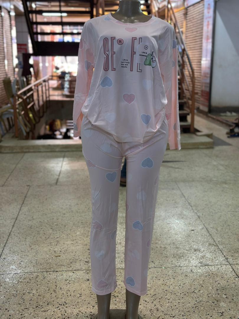 Ladies Heart Print Pajama Set – White