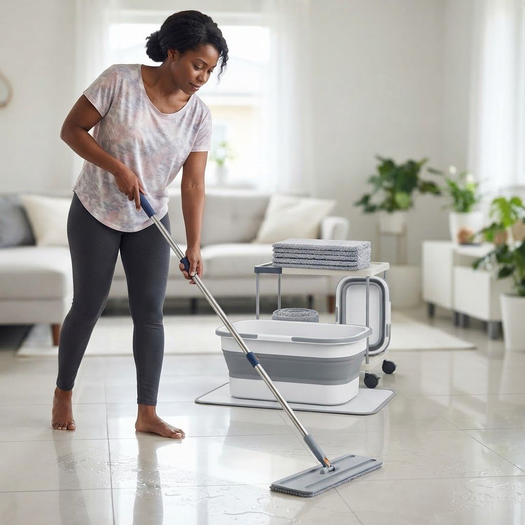 Flat Mop Cleaning Set with Collapsible Bucket
