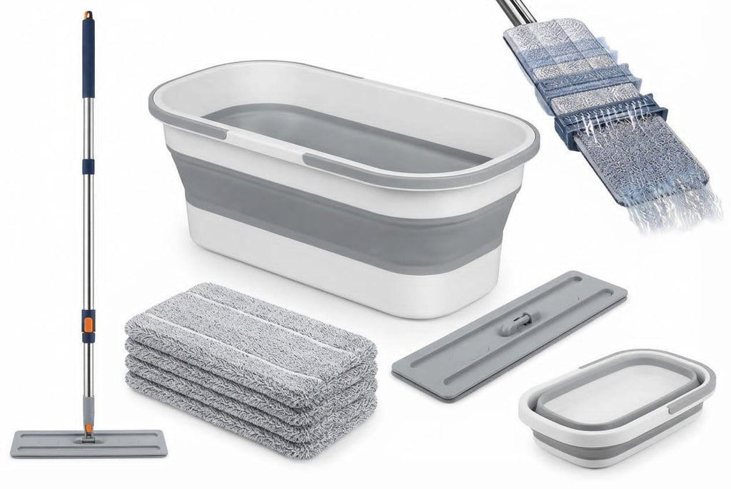 Flat Mop Cleaning Set with Collapsible Bucket