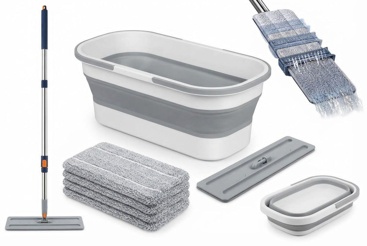 Flat Mop Cleaning Set with Collapsible Bucket