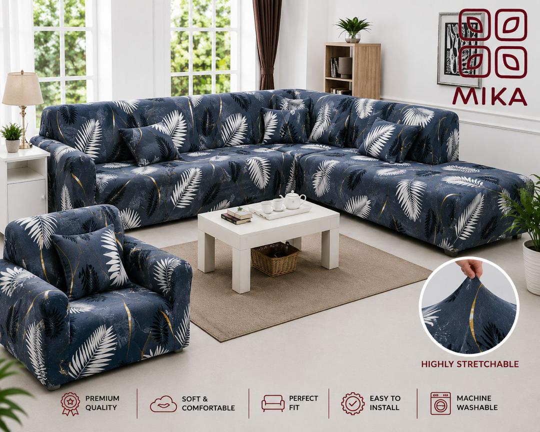 8 Seater L-Shape Sofa Cover – Tropical Leaf Print