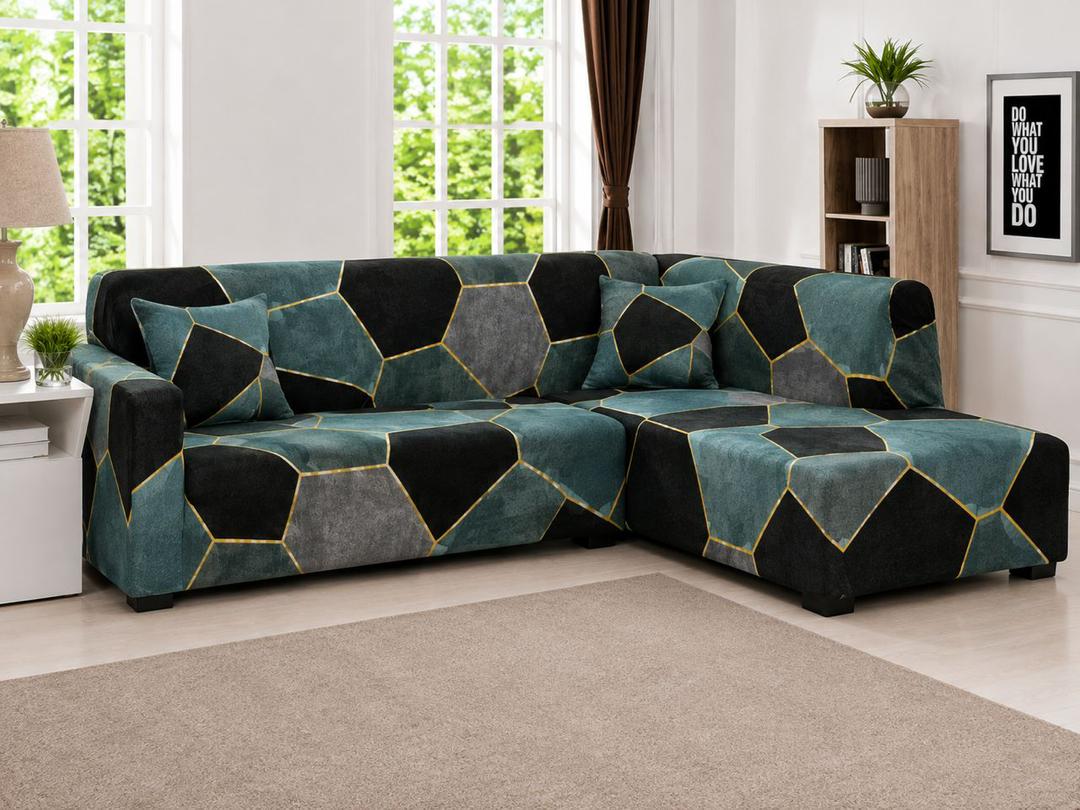 5 Seater L-Shape Sofa Cover – Teal Black Gold Geometric
