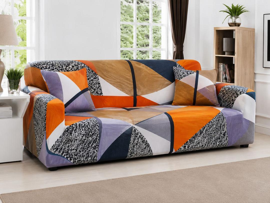3 Seater Sofa Cover – Orange Grey Geometric Patchwork