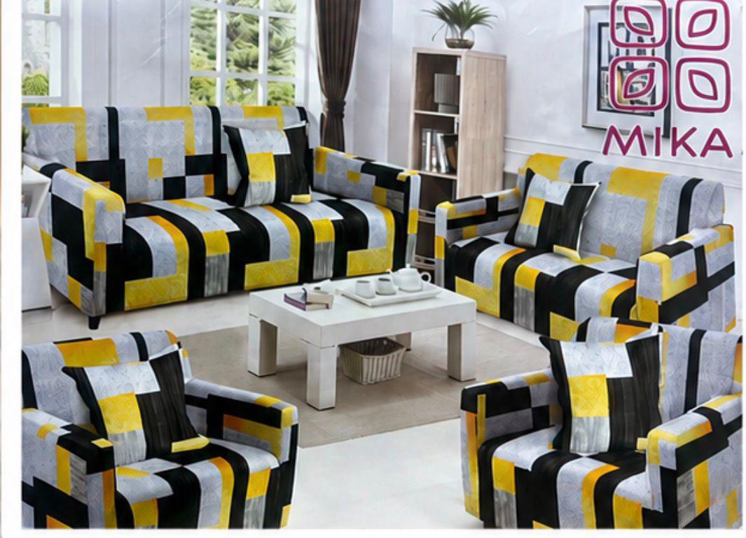 7 Seater Sofa Cover – Yellow Black Grey Block Print