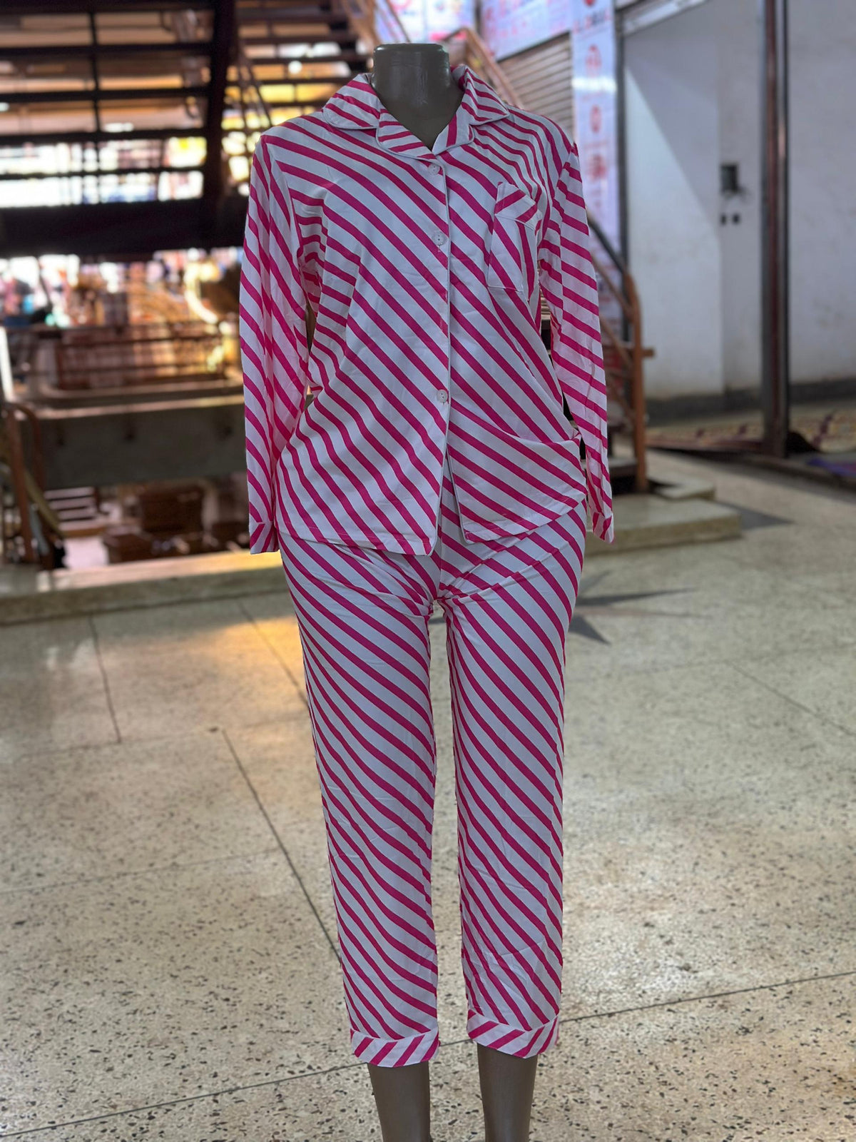 Ladies Striped Pajama Set – Pink & White