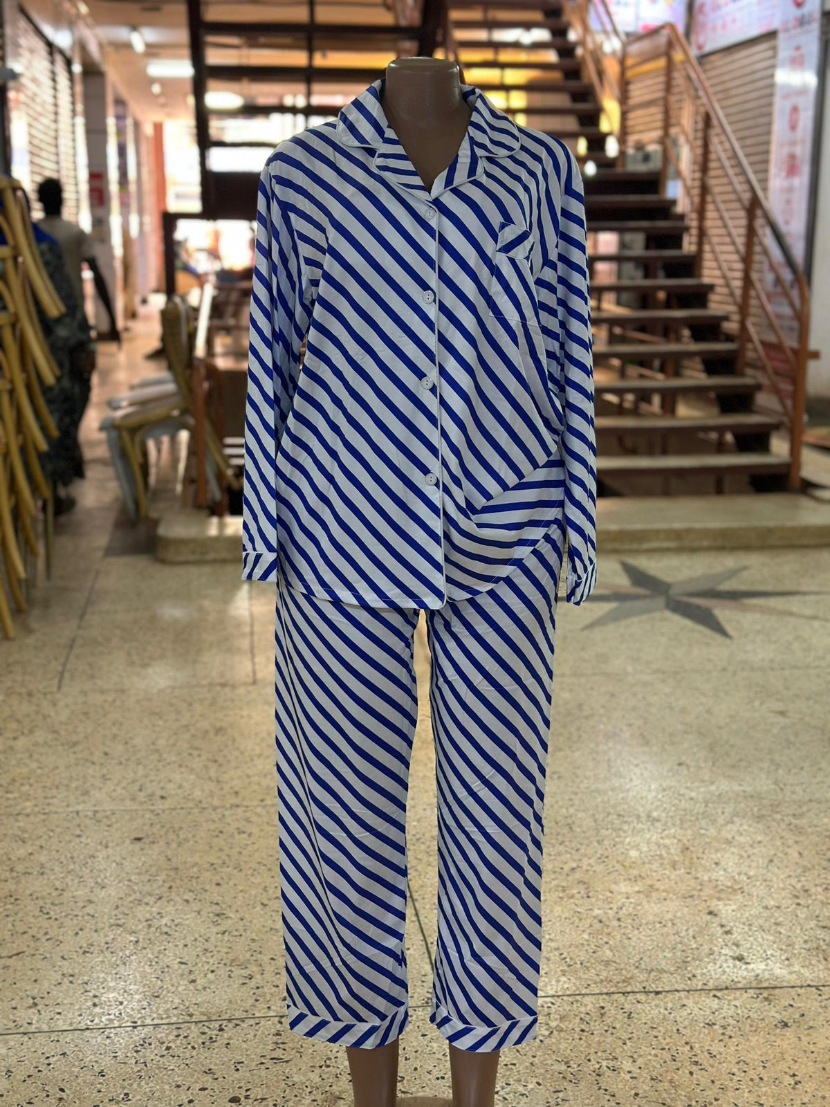 Ladies Striped Pajama Set – Blue & White