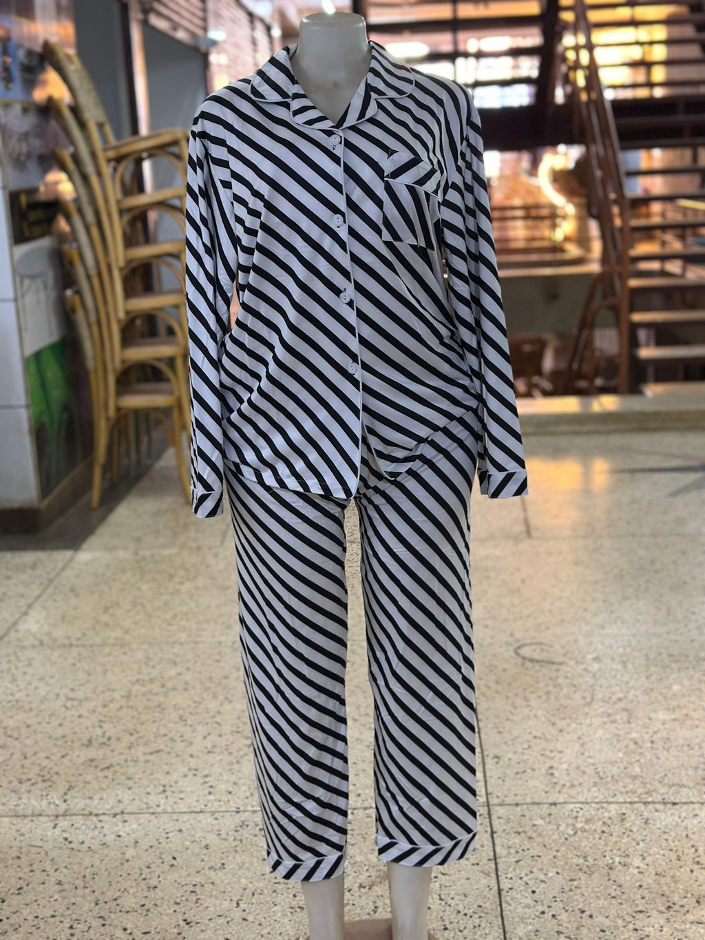 Ladies Striped Pajama Set – Black & White