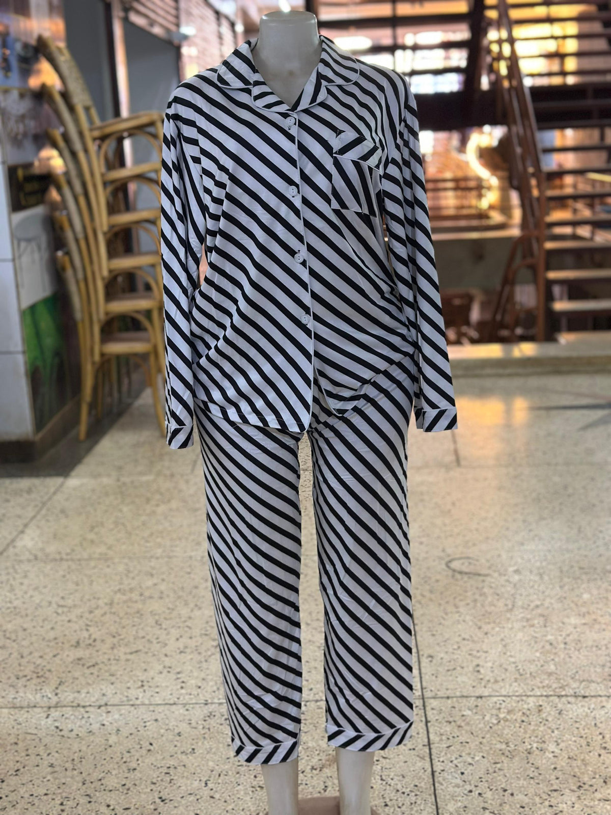 Ladies Striped Pajama Set – Black & White