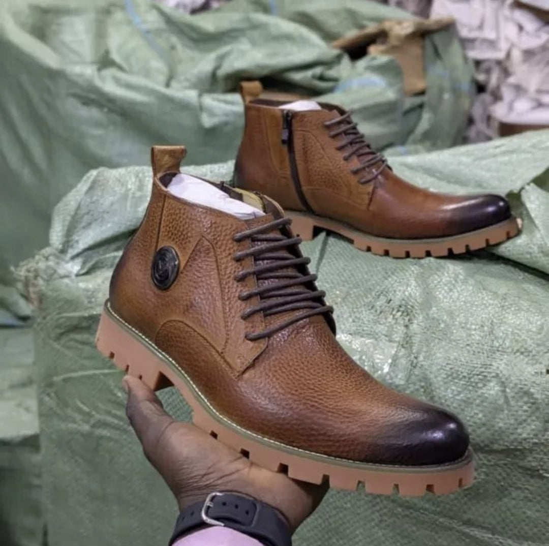 Men's Pebbled Leather Lace-Up Zip Boots