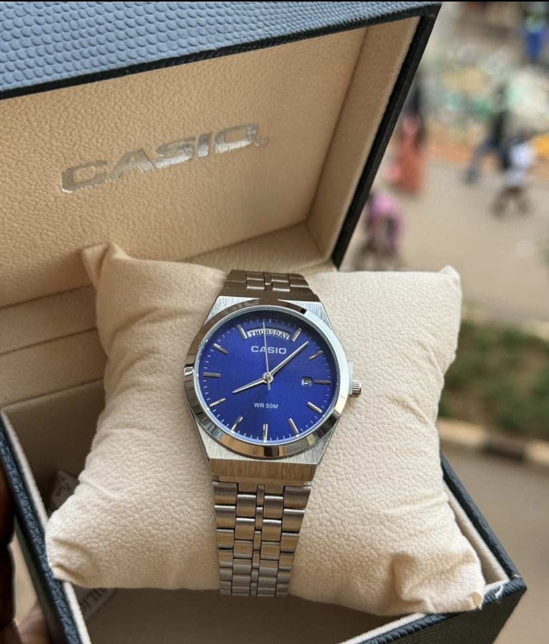 Casio Men's Blue Dial Stainless Steel Watch WR 50M