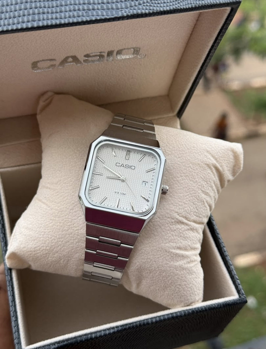 Casio Men's Rectangular Silver Watch White Dial WR 10M
