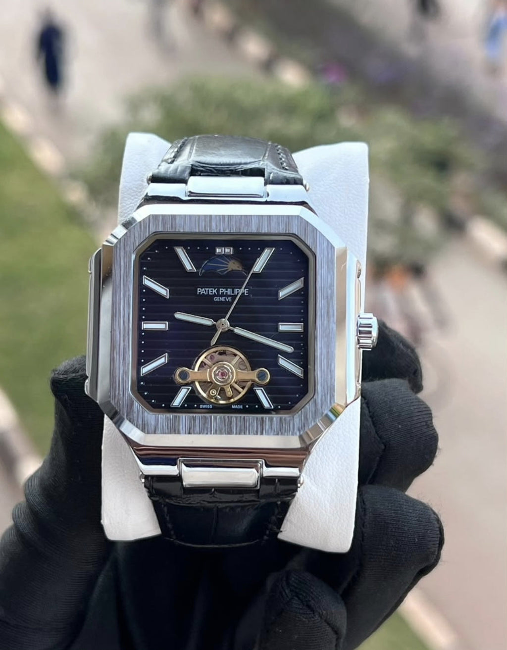 Patek Philippe Geneve Tourbillon Square Watch – Black Leather Strap