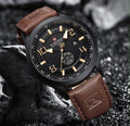NAVIFORCE Black & Gold Military Watch – Brown Leather Strap