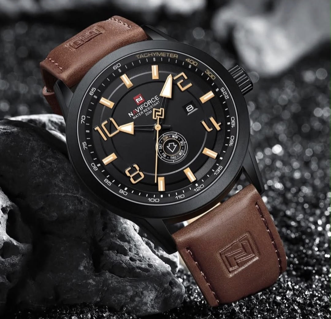 NAVIFORCE Black & Gold Military Watch – Brown Leather Strap