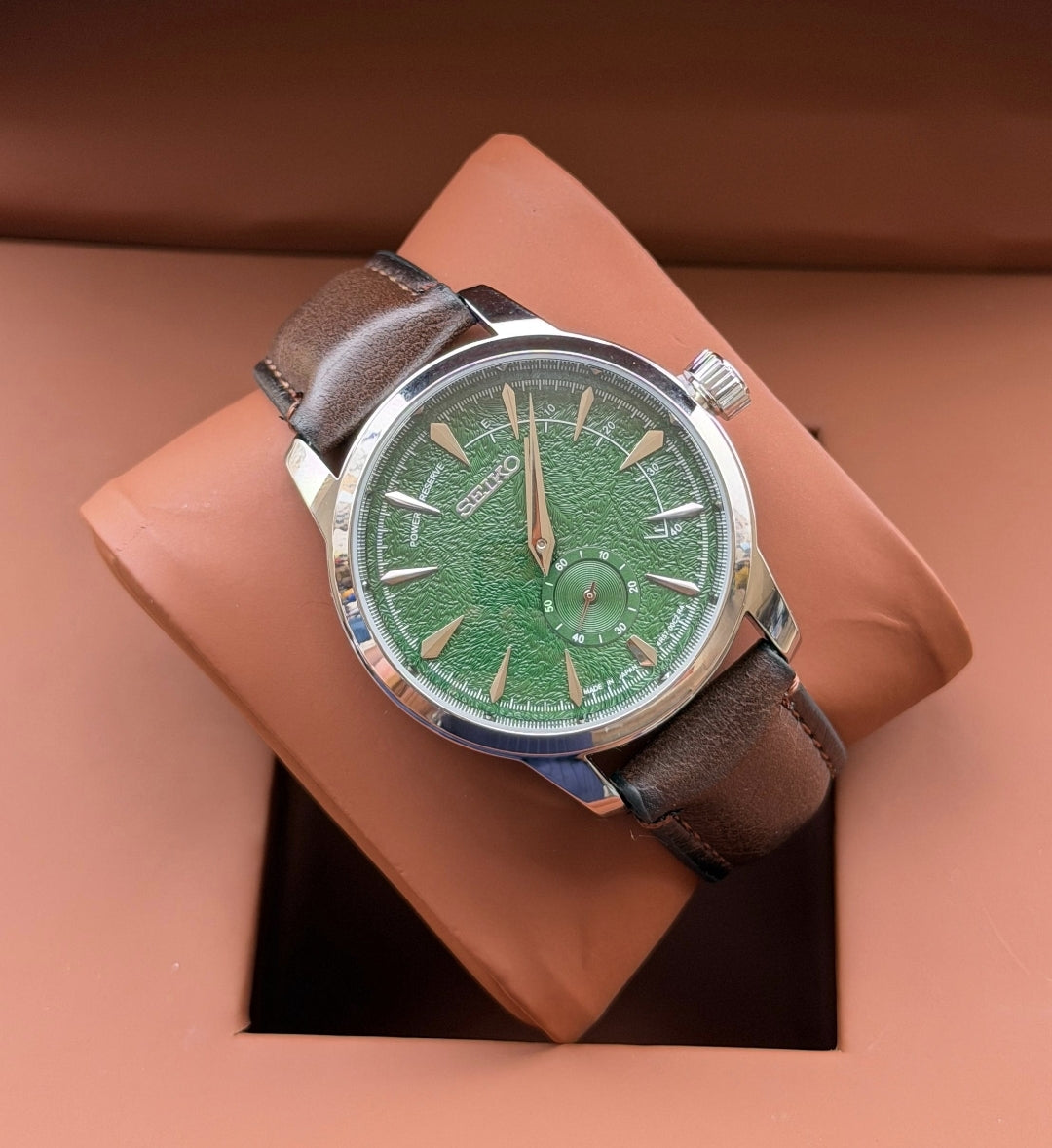 Seiko Presage Green Textured Dial – Brown Leather Strap