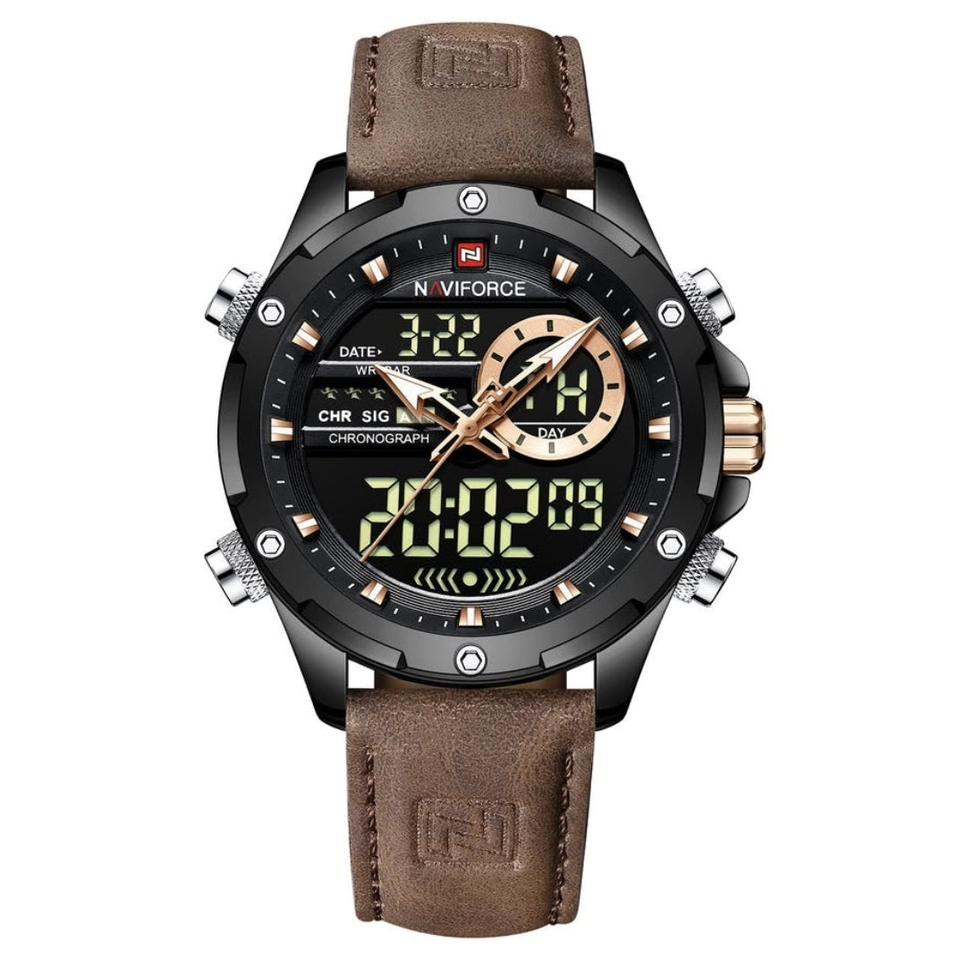 Naviforce Dual Display Chronograph Watch – Black & Brown Leather