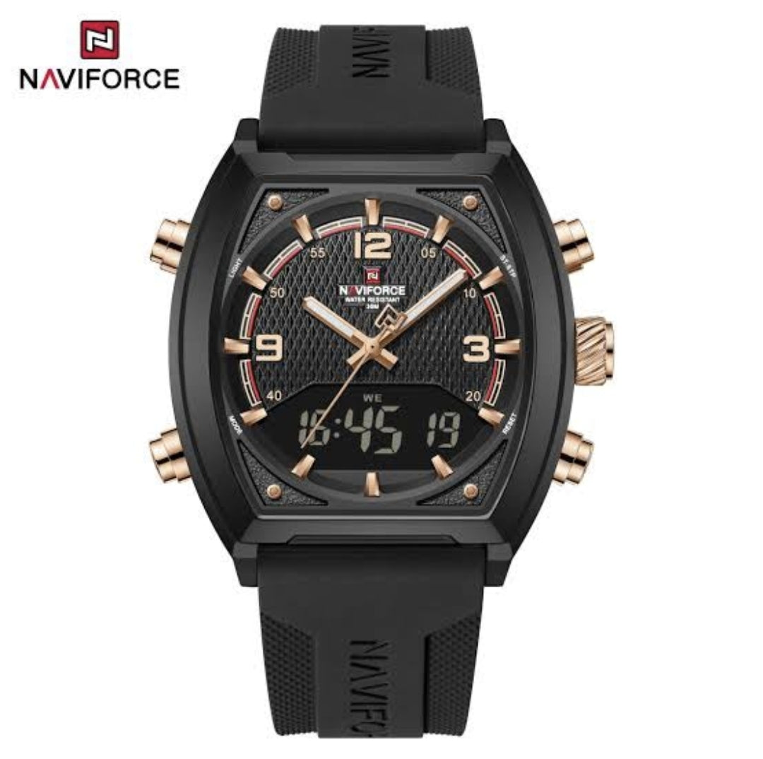 Naviforce Square Dual Display Watch – All Black & Rose Gold