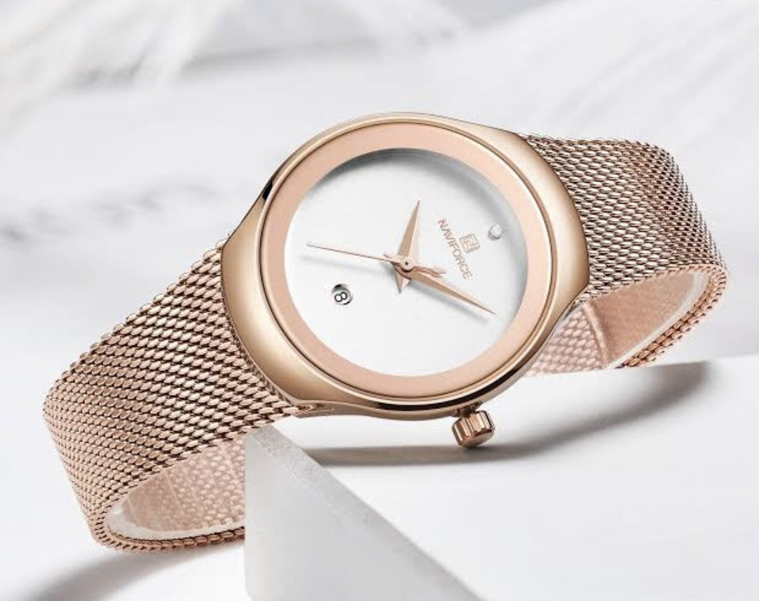 Naviforce Ladies Minimalist Mesh Watch – Rose Gold & White