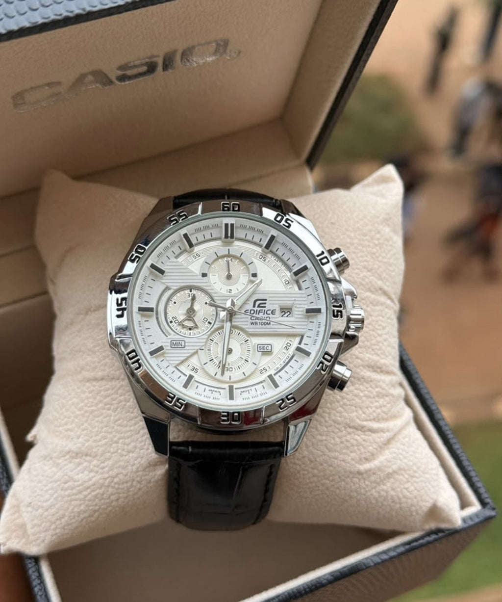 Casio Edifice Chronograph Watch – White Dial & Black Leather Strap