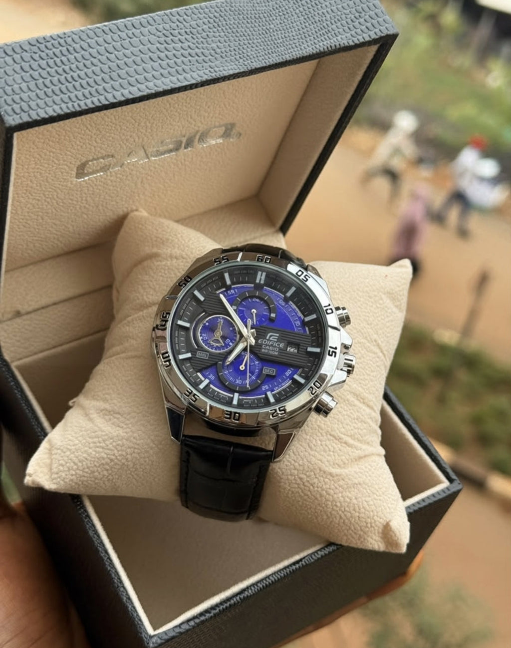 Casio Edifice Chronograph Watch – Blue Dial & Black Leather Strap