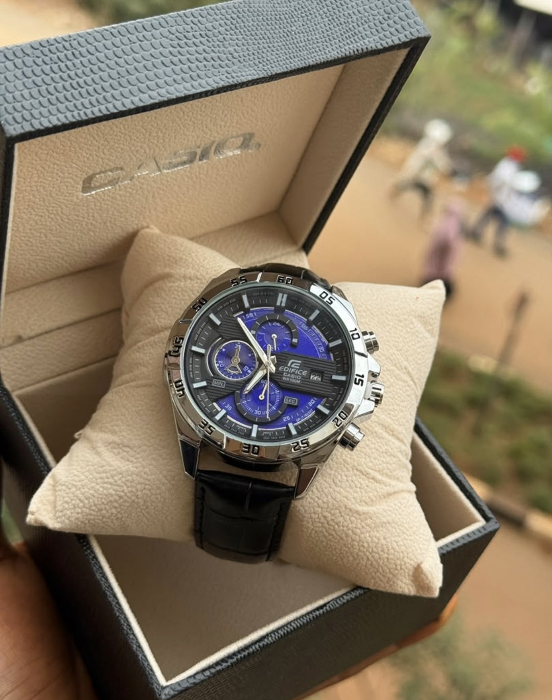Casio Edifice Chronograph Watch – Blue Dial & Black Leather Strap
