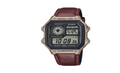 Casio World Time Illuminator Digital Watch - Gold tone case with brown leather strap