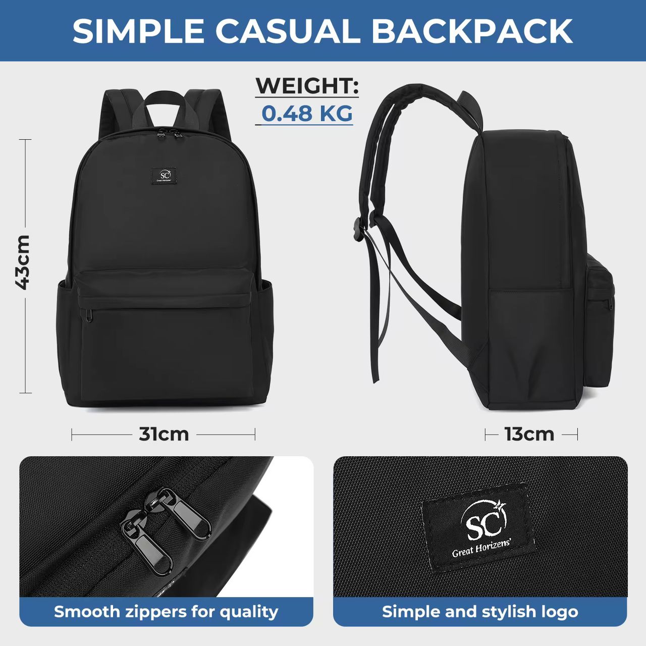 SC Great Horizens Simple Casual Backpack | 43x31x13cm | 0.48kg | Waterproof | Laptop Bag | Unisex
