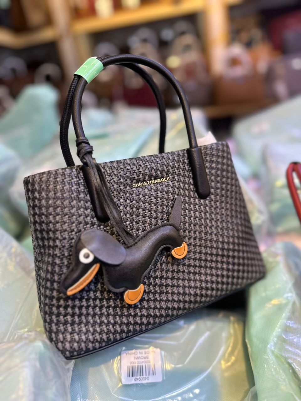Christina&OLK Houndstooth Mini Tote | 3D Dachshund Detail | Gold Logo | Leather Handles - Grey