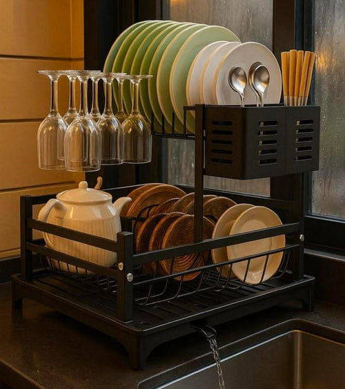 2-Layer Dish Drying Rack with Wine Glass Holder and Drip Tray - Black metal frame with plates, bowls and glasses